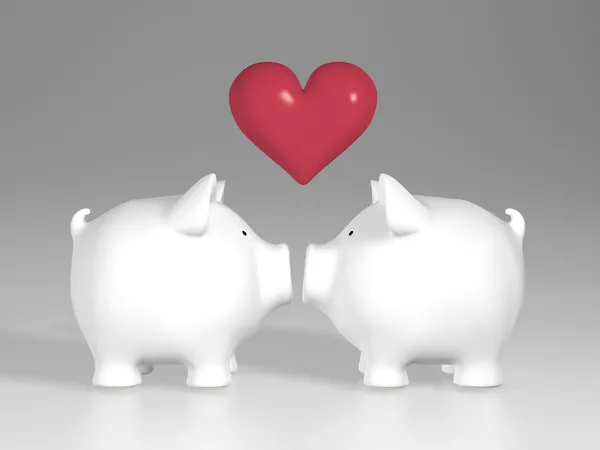 kumbara - iki domuz kırmızı kalpli beyaz