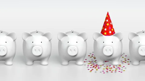 Piggy bank - orthographic raw with pig with party hat — Stock Photo, Image