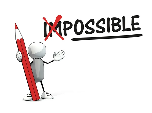 Piccolo uomo schizzinoso con matita rossa che trasforma la parola "impossibile" in "possibile " — Foto Stock