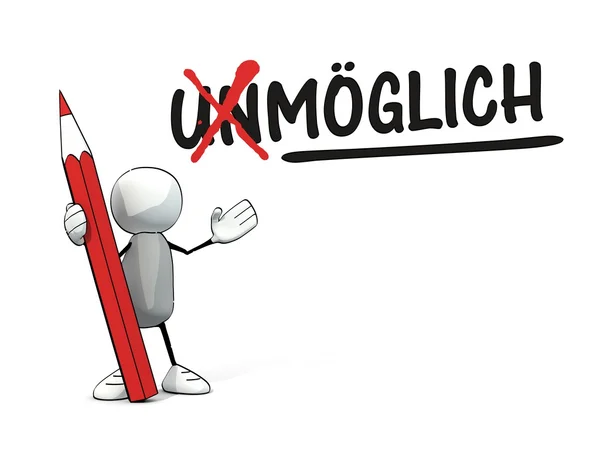 Little sketchy man with red pencil turning word "unmöglich" in "möglich" — Stok fotoğraf