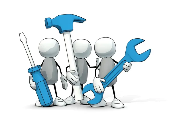 Kleine skizzenhafte Männer mit blauen Werkzeugen — Stockfoto