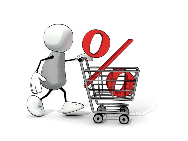 Little sketchy man with shopping cart and red percent sign — Stock Photo, Image