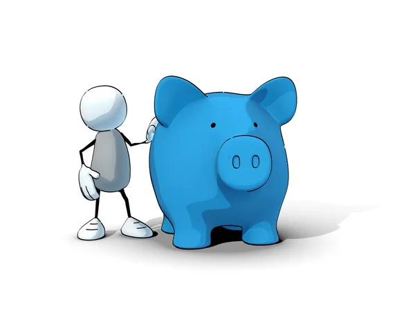 Little sketchy man with blue piggy bank — Stock Photo, Image