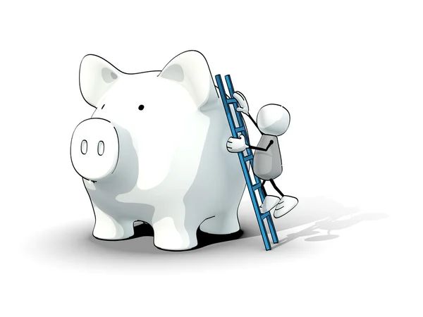 Little sketchy man climbing up a blue ladder on a piggy bank — Stock Photo, Image