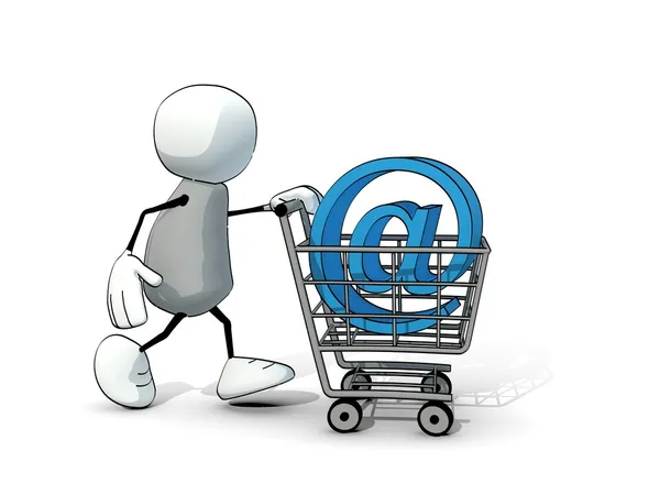 Kis vázlatos ember bevásárló kosarába, és kék e-mail szimbólum — Stock Fotó