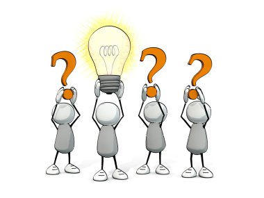 Biraz yarım yamalak erkekler turuncu soru işareti ve parlayan ampul