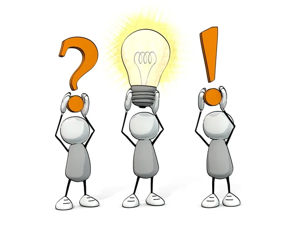 Little sketchy men - question -  glowing light bulb - answer — Stock Photo, Image