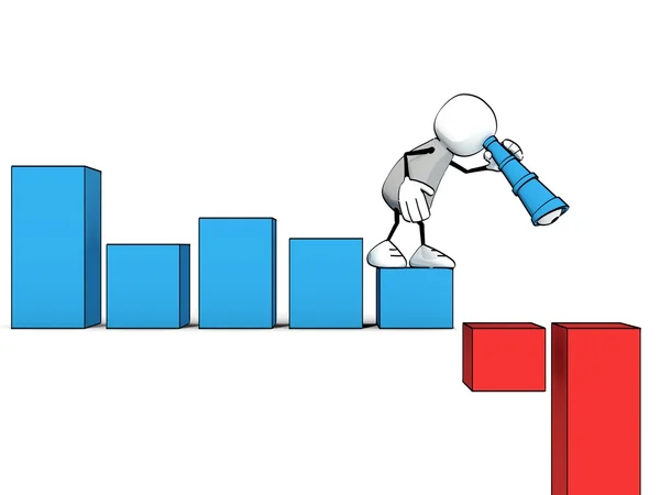 Little sketchy man with a spyglass looking down a negative bar chart — Stock Photo, Image