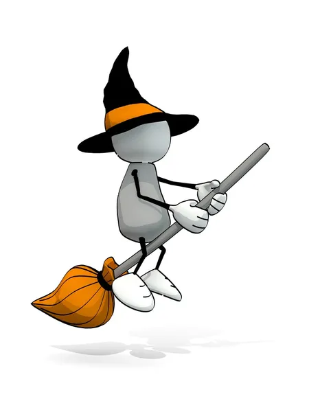 Little sketchy man with witch head flying on a broom — Stock Photo, Image