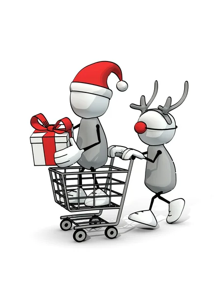 Little sketchy man with santa hat in a cart and Rudolph reindeer — Stock Photo, Image