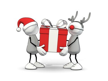 yarım yamalak adam Noel Baba şapkası ve Rudolph'un ren geyiği ile büyük hediye kutusu