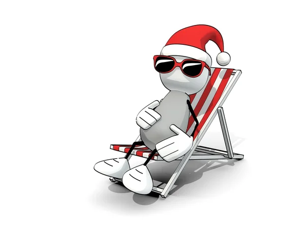 Piccolo uomo schizzinoso con cappello da Babbo Natale e occhiali da sole su una sedia a sdraio — Foto Stock