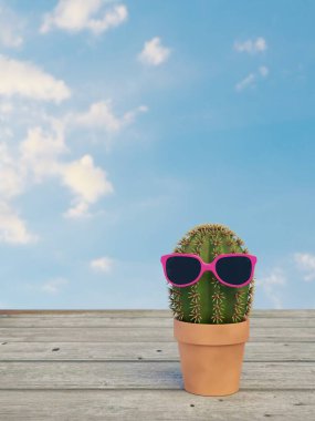 Kaktüs saksıda, güneş gözlüklü, 3D resimli.