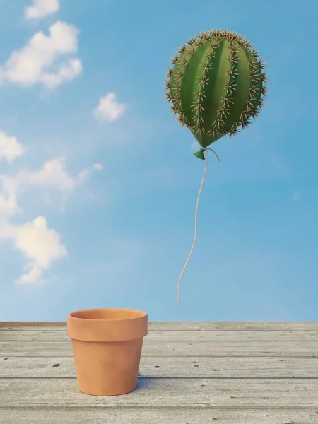 Kaktus Flyr Blomkrukan Som Ballong Illustration Stockfoto