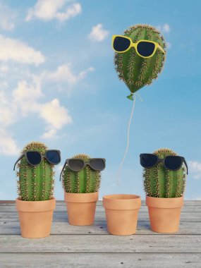 Güneş gözlüklü kaktüs, saksıdan 3 boyutlu bir balon gibi kaçıyor.