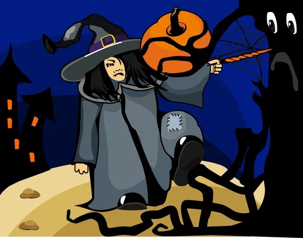 Halloween čarodějnice vrhá kouzlo v lese — Stockový vektor