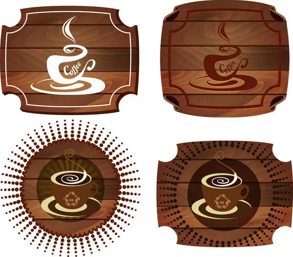 Emblemas de café sobre textura de madera — Vector de stock