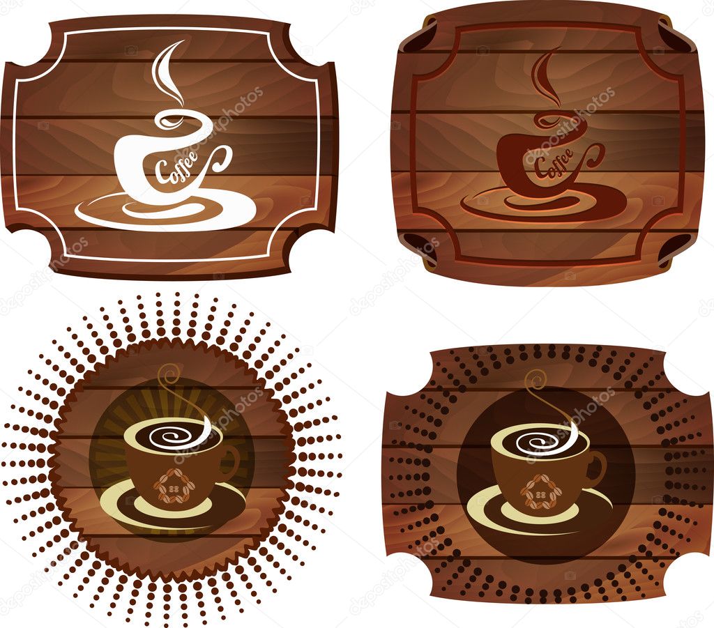 Coffee Emblems on wood texture