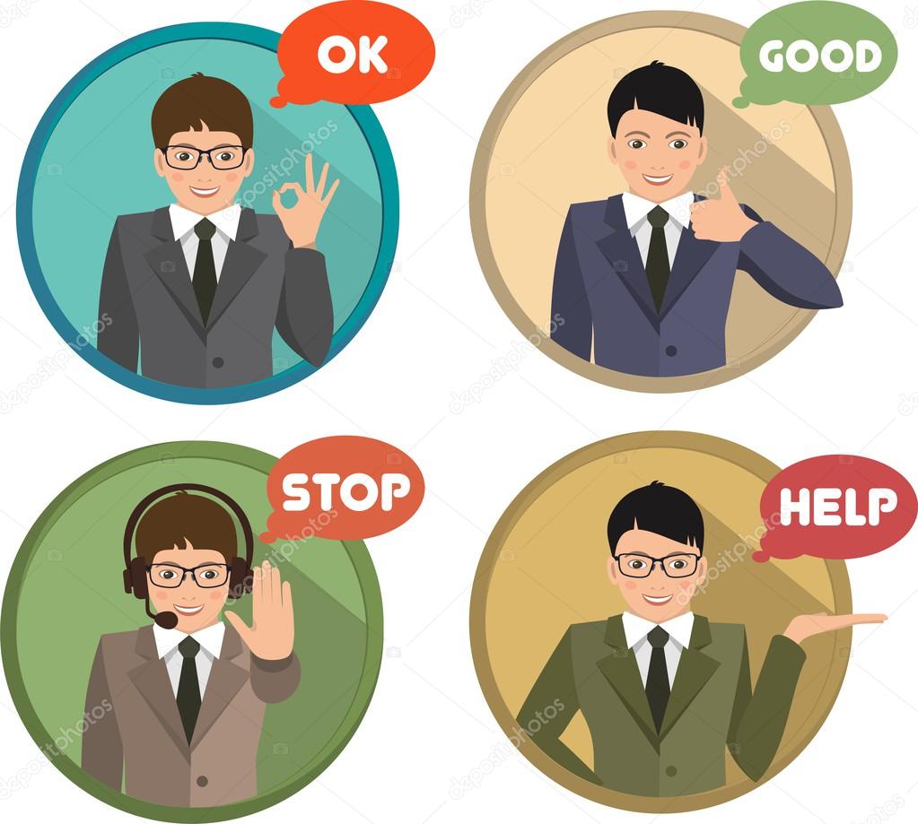 Set of gestures shows business man