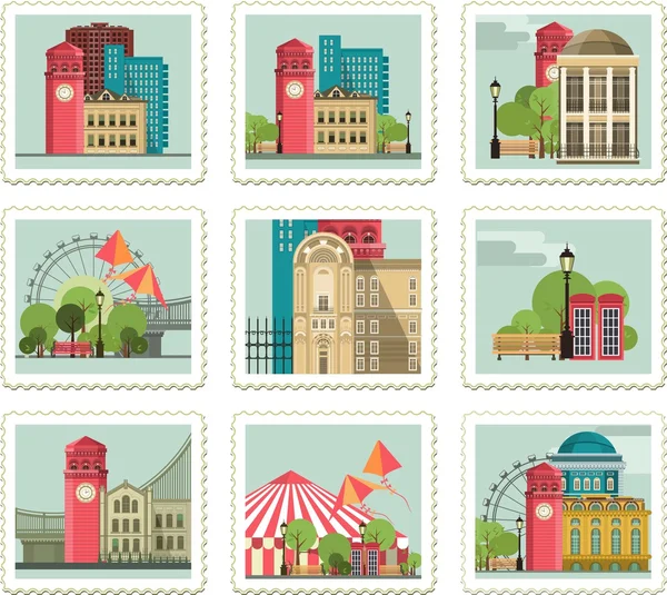 Set van postzegels met steden — Stockvector