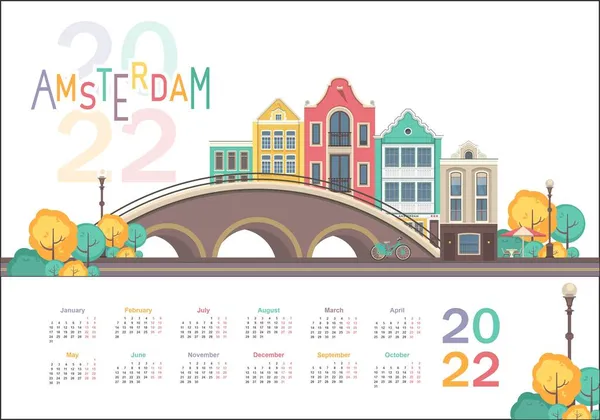 2022 angielski kalendarz miasta przytulne miasto Amsterdam — Wektor stockowy