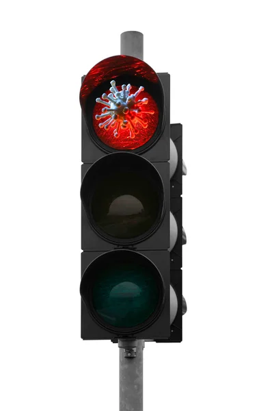 Red Traffic Control Signal Including Symbolic Virus Isolated White — 图库照片