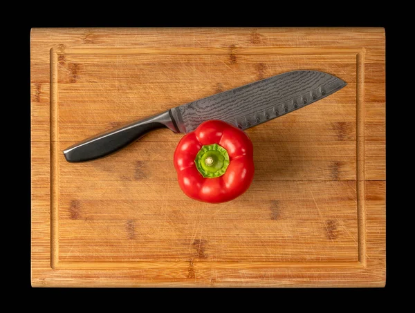 Cuchillo Soldado Con Patrón Pimiento Rojo Tabla Cortar Bambú Madera —  Fotos de Stock