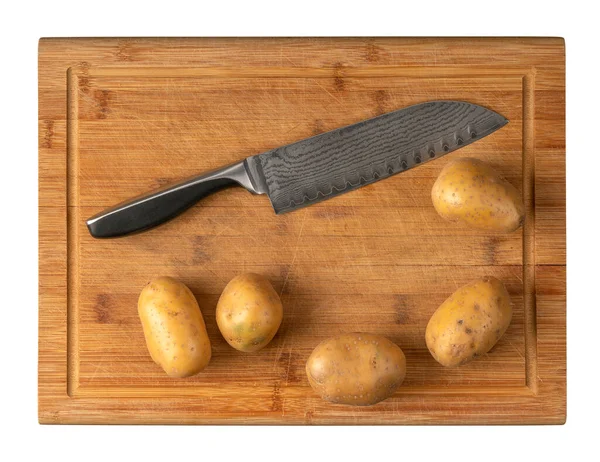Pattern Welded Knife Some Potatoes Wooden Bamboo Cutting Board Isolated — Stock Photo, Image