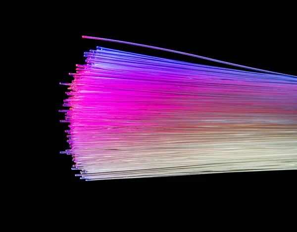 Illuminated Optical Fiber Strings Closeup Black Back — Stock Photo, Image