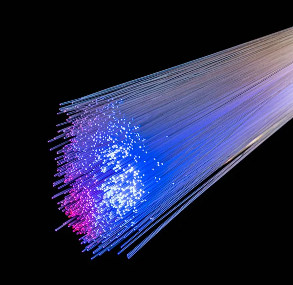 Illuminated Optical Fibers String Closeup Black Back — Stock Photo, Image