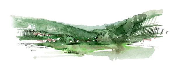 Aquarell Illustration Zeigt Eine Hügelige Landschaft Mit Dörflicher Und Grüner — Stockfoto