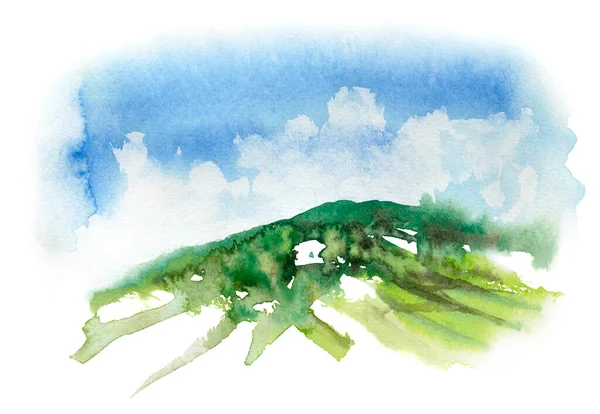 Fast Abstrakte Aquarell Illustration Einer Hügeligen Landschaft Mit Grüner Weinbergvegetation — Stockfoto