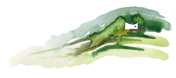 Prawie Abstrakcyjna Ilustracja Akwarela Ukazująca Pagórkowaty Krajobraz Zieloną Roślinnością — Zdjęcie stockowe
