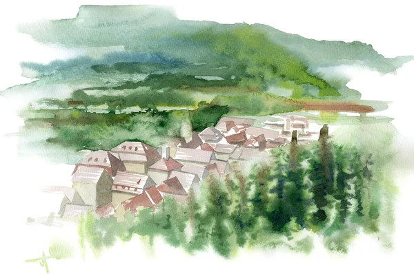 Watercolor Illustration Showing Hilly Landscape Village Green Vegetation — Stock Photo, Image