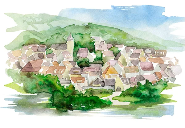 Watercolor Illustration Showing Hilly Landscape Village Green Vegetation — Stock Photo, Image