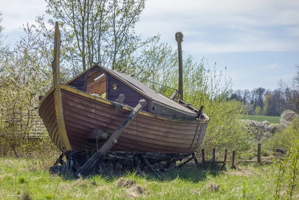 Medieval viking longboat in sunny ambiance at early spring time
