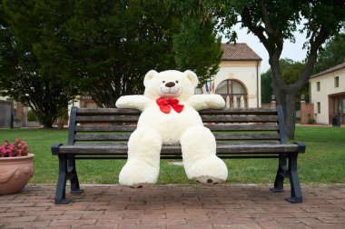 Pelüş kutup ayısı bankta oturur. Dışarıda büyük bir oyuncak ayı var. Bir kız ya da erkek için beklenmedik bir sürpriz. Gerçek boyutlarda bir bebek. Sevgililer Günü