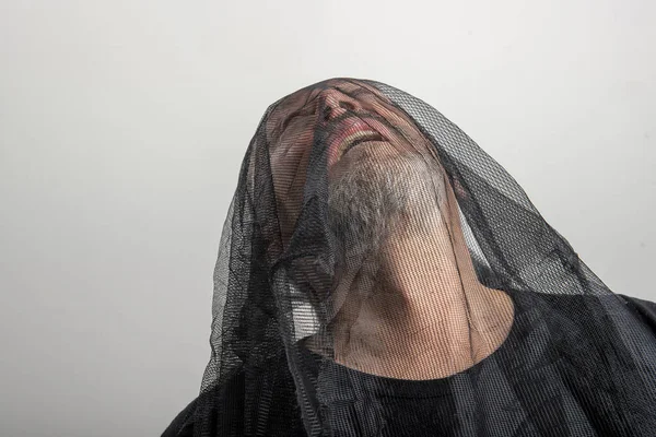 Suffering Man Gray Beard Black Veil His Head — Stock Photo, Image