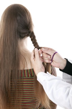 Hands of hairdresser doing a braid a long mane clipart