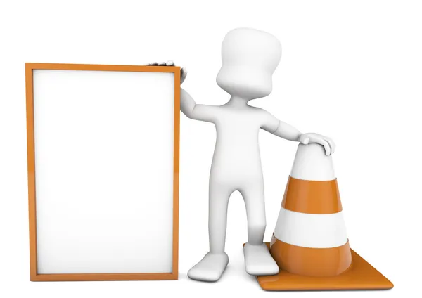 3d karakter bir koni ve boş bir afiş tutarak