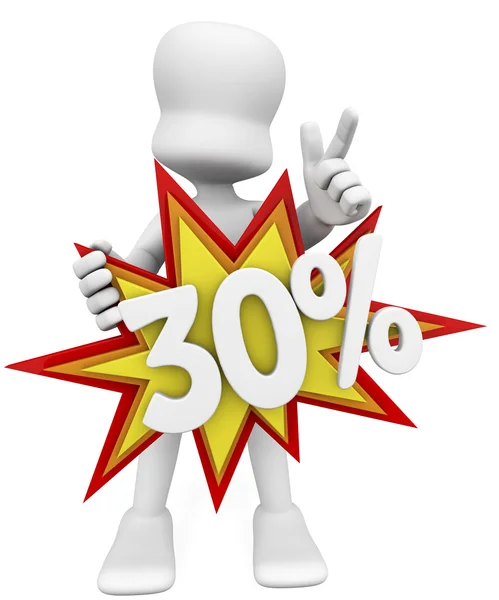 3d man holding a sign with thirty percent — Stock Photo, Image