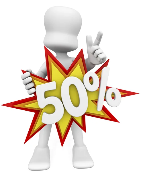 3d man holding a sign with fifty percent — Stock Photo, Image