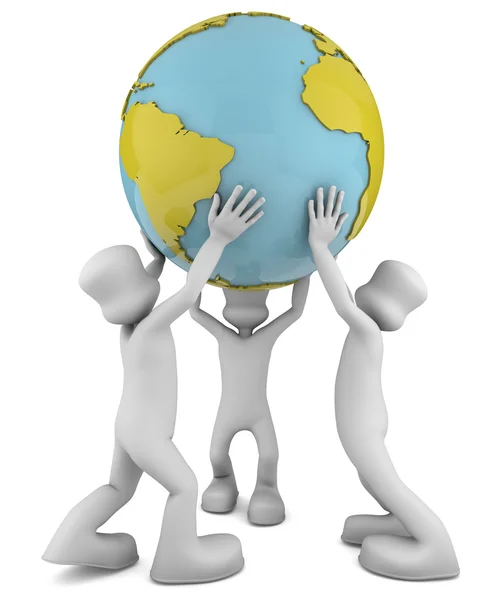 Team 3d characters holding a large globe. — Stock Photo, Image