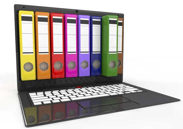 File in database. laptop with colored ring binders — Stock Photo, Image