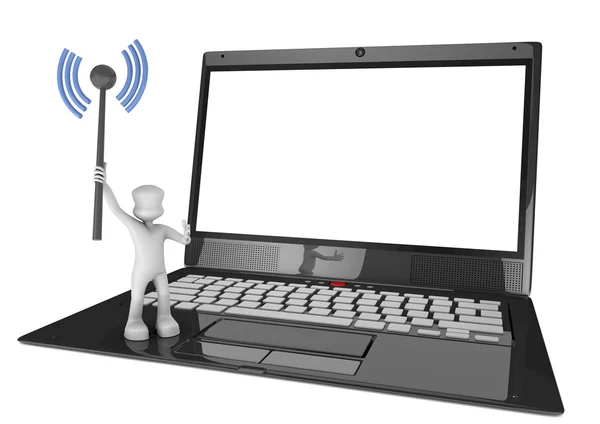 Man die met wifi-antenne en laptop op leeg scherm — Stockfoto