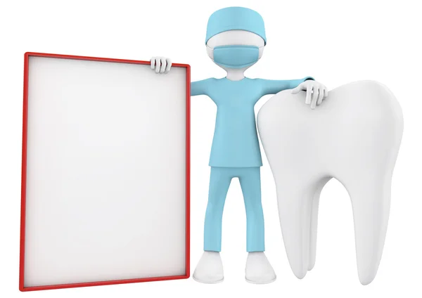 Dentista, dente e placard em branco — Fotografia de Stock