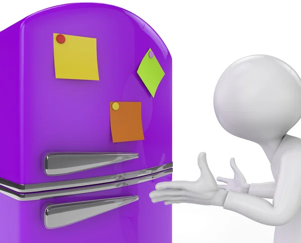 Lila Kühlschrank mit farbigen klebrigen Notizen in Großaufnahme. 3D-Darstellung. — Stockfoto