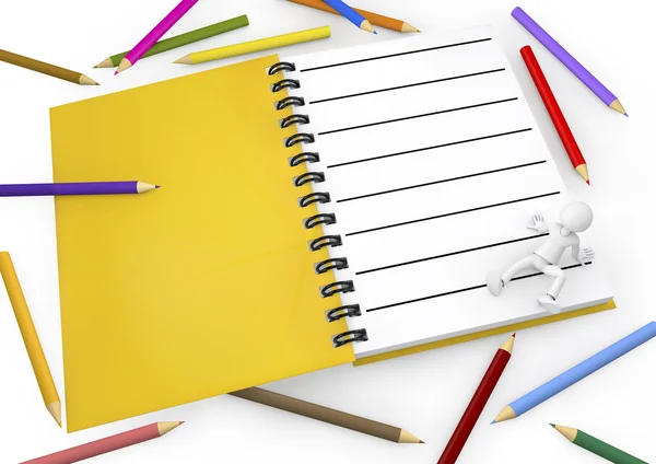 3d white person with blank spiral notepad and a pencil colors. — Stock Photo, Image