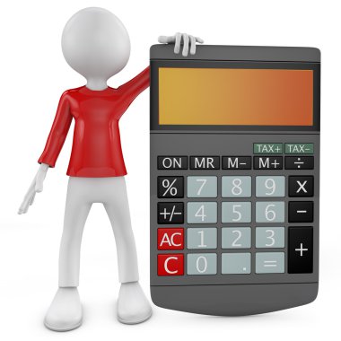 hesap makinesi. bir hesap makinesi ile 3D küçük insan karakteri.