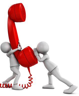 Kırmızı telefonda konuşurken 3d küçük insanlar